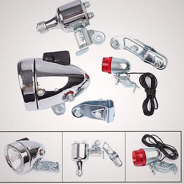 Chrome 12V 6W Dynamo Headlight & Taillight kit Set Fit Bicycles/Motorized Bike