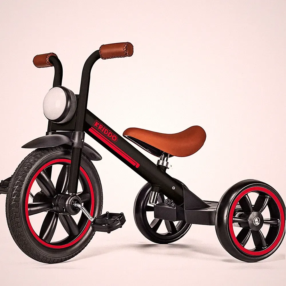 KRIDDO Kids Tricycle, 12 Inch Puncture Free Wheel w Front Light, Large, Black