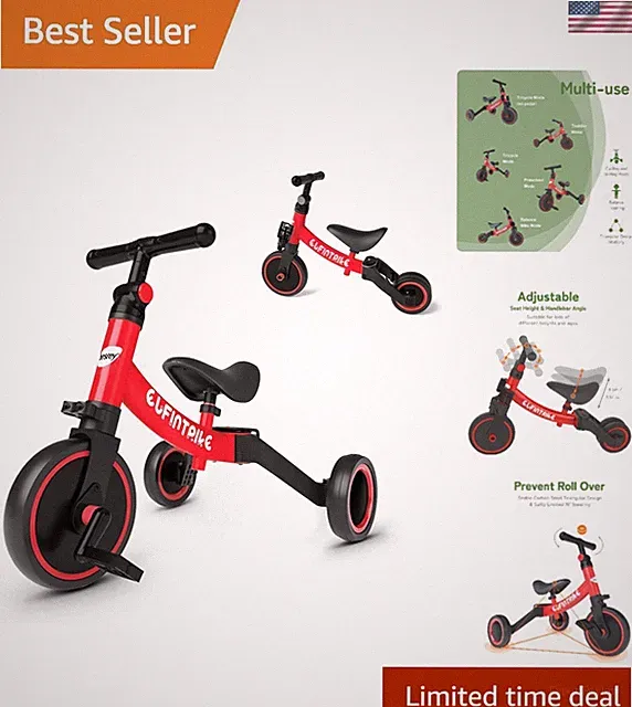 Sturdy 5-in-1 Toddler Tricycle - Safe & Easy for Boys and Girls 12m-4yrs